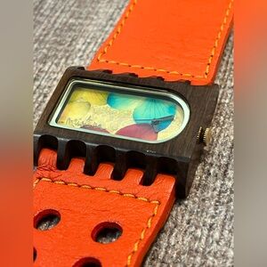 Mistura Wooden Watch – Orange Leather Strap w Japanese quartz (needs battery)